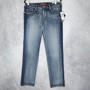 Baby Phat Jeans Womens 11 Blue Stretch Denim Tapered Leg Embroidered Cat Logo